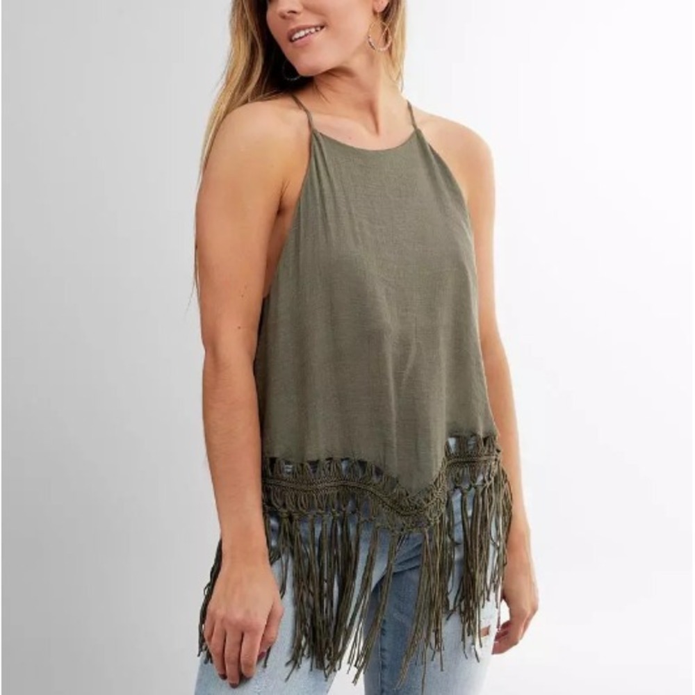 Mustard Seed Womens S Halter Top Olive Green Macrame Crochet Fringe‎ Boho